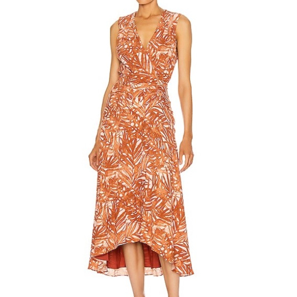 NWT Simkhai Priscilla Sleeveless Ruched Midi Dress in Toffee Palm print